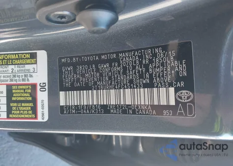 2015 Toyota Corolla Le from USA, damaged, VIN 2T1BURHE4FC451433